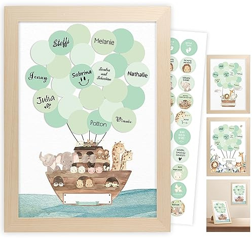 Legezon Gästebuch Babyparty mit Bilderrahmen, Arche Noah – Alternative zum Gästebuch für Taufe, Geburtstag und Baby Shower, Deko für Mädchen und Junge