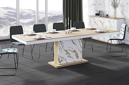 designimpex Design Esstisch Tisch HME-111 Hochglanz ausziehbar 160 bis 256 cm, Farbe:Eiche Natur - Marmor Gold