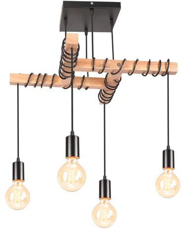 iDEGU 4 Luces Lámpara Colgante Vintage Industrial Lámpara de Techo de Madera y Metal Negro Lámpara de Araña Ajustable E27 Iluminación de Techo para Comedor, Cocina, Salón, Dormitorio (Tipo Colgante)