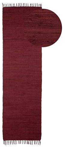 CarpetFine Tappeto a tessitura Kilim Chindi Uni passatoia viola 60x180 cm, tessuto a mano | Tappeto moderno reversibile in cotone per soggiorno e camera da letto con frange