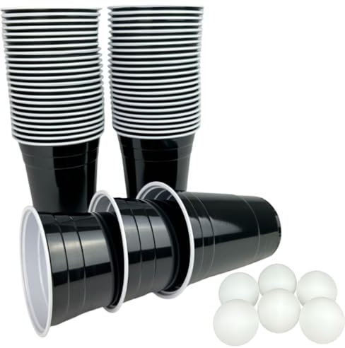 Plastikbecher in schwarz mit 6 Bällen - schwarzes Partybecher Set - 50 Premium Trinkbecher (473 ml) in schwarz + 6 Ping Pong Bälle