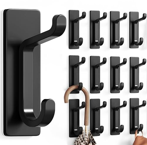 pickpiff 12 Pack Wall Hooks for Coat and Towel: 13LB Adhesive Door Hanger Stick on, Black