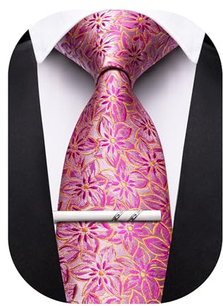 Barry.Wang Floral Ties for Men Necktie and Tie Clip Wedding Business Flower Solid Color Formal, Fuchsia, One Size