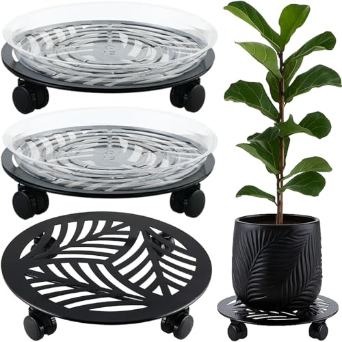 3 Packs 13 inches Large Metal Plant Caddy with PU Wheels Heav-duty Rolling Plant Stands Indoor Outdoor Wheeled Plant Dolly Coasters Flower Pot Mover Rollers Plant Trolley Cart, Plant Saucers Included