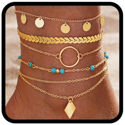 Vakkery skiktade paljetter tofs vristlänk guld turkos ankelarmband strand fotkedjor smycken för kvinnor och flickor