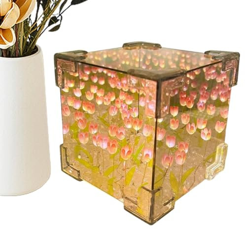 Ranley Lámpara De Espejo De Tulipán, Tulipanes Infinitos Espejo, Lámpara De Mesa De Tulipán, Lámpara De Tulipanes Con Forma De Cubo De Tulipán, Lámpara Decorativa De Tulipán Lámpara De Mesa