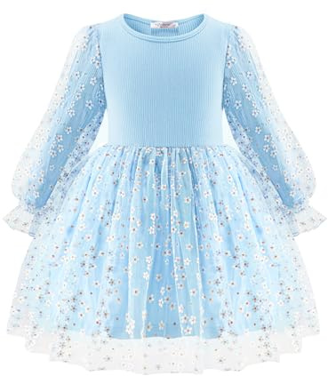 Arshiner Niñas Vestidos Tul Vestido de Manga Larga Niños Elegante Mangas Farol A-Line Vestido de Fiesta Casual Festiva Moda Otoño Invierno Vestido para Niñas 3-4 Años Azul Claro
