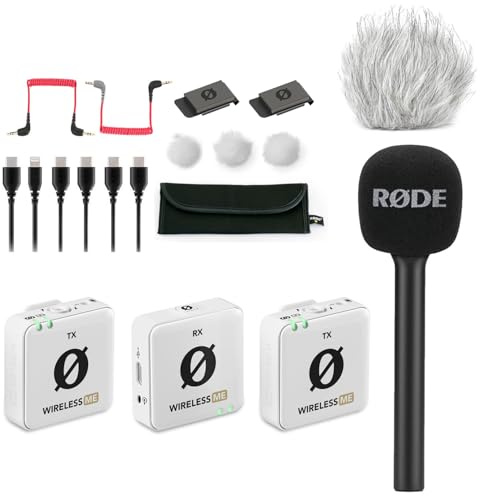 Sistema de micrófono inalámbrico dual Rode Wireless ME blanco + adaptador de mano Interview GO + protector contra el viento de pelo keepdrum