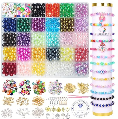980 Stück Perlen zum Auffädeln 8mm Runde Bunte Perlen Set mit Buchstabenperlen,Charms,Kristalllinie 28 Farben Bastelperlen zum Auffädeln Perlen für Armbänder,Schmuckherstellung,DIY Halsketten,Ohrringe
