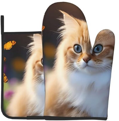 YYHWHJDE Set di 2 guanti da forno e presine divertenti con immagine di gatti e fiori, utilizzati per aprire i coperchi delle pentole in cucina e per trasportare piatti dal forno a microonde