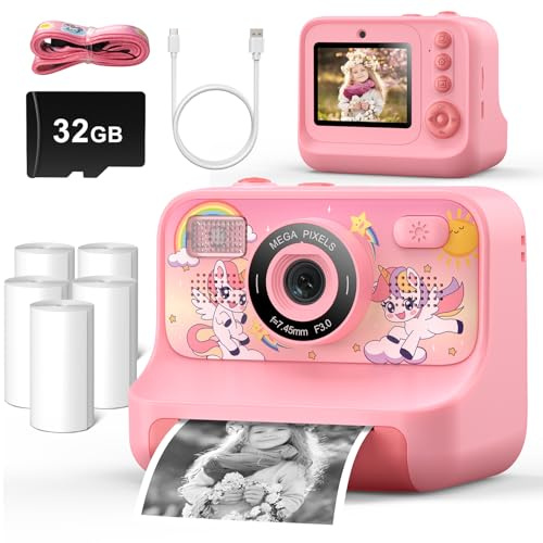 Instant Print Camera for Kids Age 3-12 Girls Boys 1080P HD Digital Video Cameras with 5 Print Paper & 32G Card Toddler Portable Travel Toys Camera for Christmas Birthday Gifts