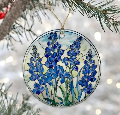 GreenStar Gifts Birth Month Flower Stained Glass Ornament, July Birthday Gift, Larkspur Ornament, Ceramic, Faux Stained Glass Printed on Both Sides