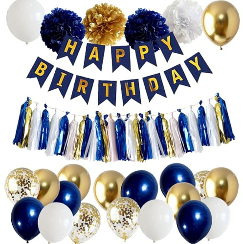 Blue and Gold Birthday Decorations, Navy Blue Gold White Happy Birthday Party Decorations with Banner Balloons Pompoms Tassels Garland for Men Boys