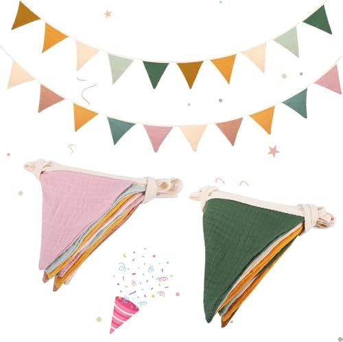 Jortmrd 2 Piezas 2,6m Guirnalda de Banderines para Habitación Infantil Cadena de Banderines de Tela Banderine de Fiesta Banderine Triangulares Decoración de Fiesta de Cumpleaños (Morandi Verde/Beige)