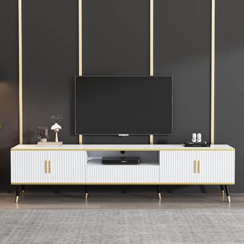 Soweiz TV-Board, Moderner Lowboard TV-Schrank mit Marmor-Optik, TV-Kommode – Für Fernseher bis 90 Zoll, DREI Schubladen und 1 Kabelmanagement, Weiß+Goldene Linien,200 x 40 x 46 cm