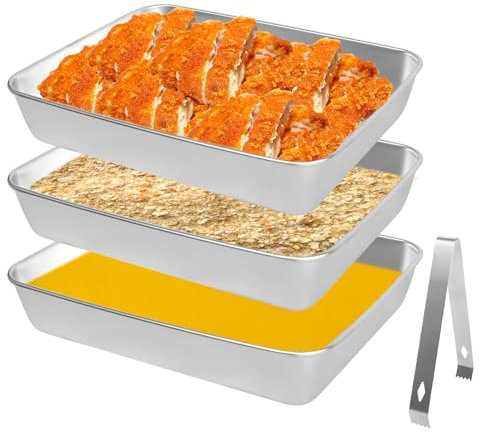 Cuencos Para Empanar, Juego De 3 Cuencos Para Empanar De Acero Inoxidable Con 1 Clip, Cuenco Rectangular Apilable Juego De Bandejas Para Empanar Carne Pescado Verduras 25 x 19 x 5 cm