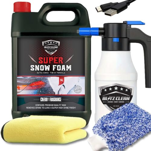 5L Snow Foam Plus 1.5L Rechargeable Battery Snowfoam Sprayer Full Kit Inc Wash Mitt & Drying Cloth Wash Detailing Valeting Kit For Car Van Caravan Pressurised Snow Cannon Lance PRO Bundle (Cherry)