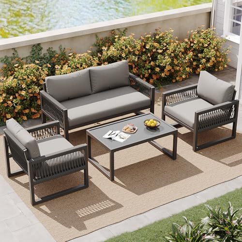 KUAKE Gartenmöbel Set, Balkonset mit Couchtisch, Outdoor Bistrotisch Set mit Kissen, für Garten Balkon Terrasse, Gartenlounge Set, verstellbaren Füßen ﻿ (Grau)