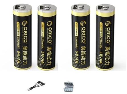 ORICO Ener-G Lot de 4 piles AA rechargeables Tpye C 1,5 V 2100 mWh, jusqu'à 1500 x rechargeables, charge rapide 2H pour télécommandes, jouets électroniques