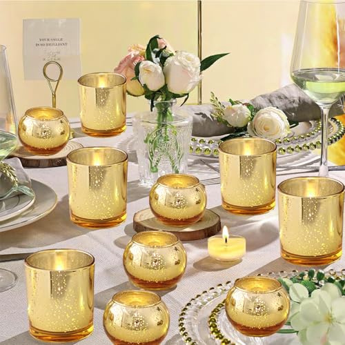 12 Stück Rosa Votivkerzenhalter, Quecksilberglas-Teelicht-Kerzenhalter für Hochzeitstisch-Mittelstück, Party Dekorationen & Wohnkultur (12, Gold)