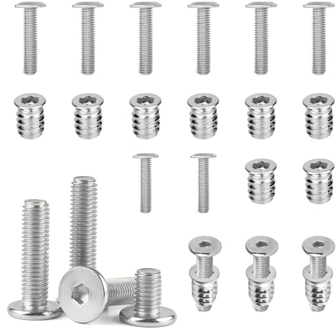 eupdd 30 Stück Edelstahl Flachkopfschrauben M6 und Einschraubmutter M6: Gewindeeinsatz Holz set für Holzmöbel, Tisch, Kinderbett, Schraubverbindungen von Stühlen, Senkkopfschrauben, Rampamuffe