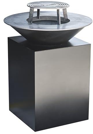 Feuerschale mit Grillring Schwarz 85 cm Plancha – Kegelförmige Feuerstelle mit 8 mm Grillplatte, 3 Temperaturzonen, 114,5 cm Stehgrill-Höhe, isoliertes Gehäuse, 5 Jahre Garantie