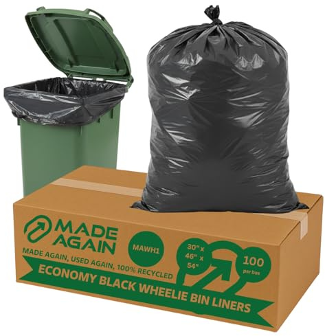 Made Again 100 Economy Black Wheelie Bin Liners, MAWH1, 240L, 30 x 46 x 54, For Outside and Garden Bin, Strong Garbage Bags, Rubbish Waste