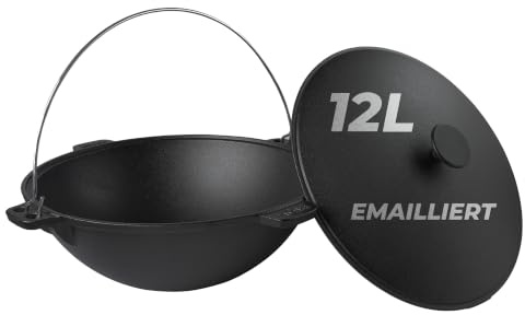 BIOL Casserole traditionnelle en fonte émaillée Kazan de 12 litres avec couvercle et anse - Cocotte traditionnelle pour Plov, goulasch et ragoûts - Idéal pour feu ouvert, barbecue, camping et
