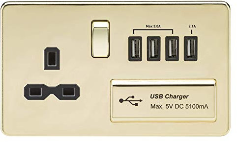 Knightsbridge SFR7USB4PB Screwless 1G 13A Switched Socket with Quad USB Charger 5V Dc 5.1A-Polished Brass with Black Insert