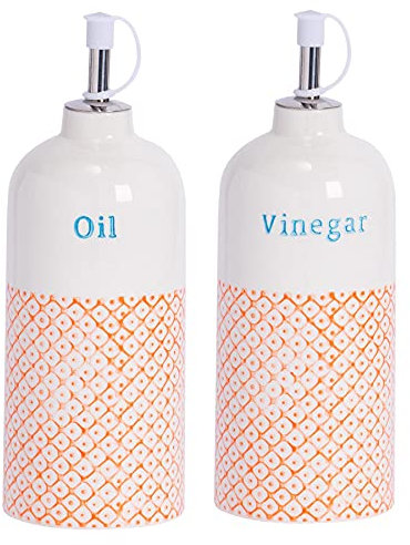Nicola Spring Bouteilles de Distributeur de vinaigre/Huile en Porcelaine - Impression Orange/Bleu - 500 ML - Ensemble de 2