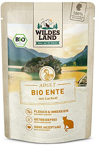 WILDES LAND – Ente | Nassfutter mit extra hohem Fleischanteil und natürlichen Zutaten für ausgewachsene Katzen. Getreidefreies Alleinfutter ohne Zusatzstoffe in der Dose | 12x85g Ente