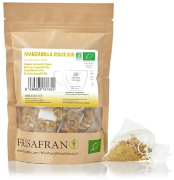 FRISAFRAN | Flores de entera de manzanilla en pirámides Bio 30unidad | INFUSIÓN DE KAMILLEL | Té de hierbas relajante | Origen Europa | Manzanilla para dormir