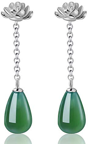 ✦ Weihnachtsgeschenke ✦Springlight S925 Sterling Silber Natürlicher Achat Lotus Wassertropfen Grüne Ohrringe Silber 925 Hängend Orientalischer Schmuck Damen Geschenke für Frauen.(Silber)
