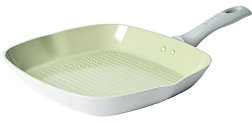 Salter Earth 28cm Grill Pan – Healthy Ceramic Non-Stick Coating Griddle, PFAS-Free Induction Cookware, Aluminium Steak Cooking Pan, Easy Clean, PFOA/PTFE-Free, Stay Cool Handle, Green/Grey