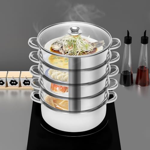 ROMYIX 5-Tier Steamer for Cooking, Stainless Steel Steamer Pan With Glass Lids, 304 Food-Grade Pot for Dumplings, Vegetables, Fish, Compatible with Gas & Induction Hob,Silver (28CM)