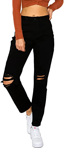 WAX JEAN Women's Mom Jean with Blown Out Knee, Black, 9
