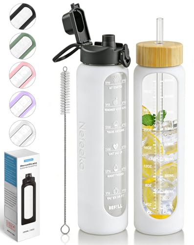 Nefeeko 32 oz Glass Water Bottles with Straw, Motivational Glass Water Bottle with Time Marker, 1 Liter BPA FREE Leakproof Reusable Glass Water Bottle with Silicone Sleeve, Bamboo Lid, Spout Lid