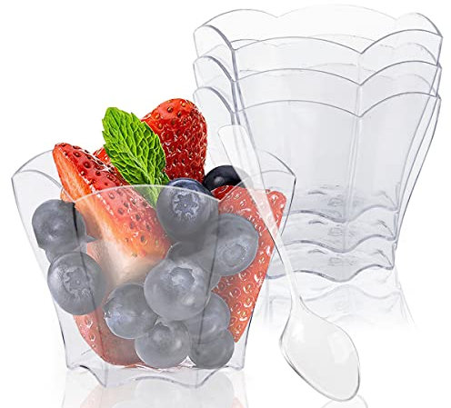 FainFun Wiederverwendbar Mini Dessertbecher, 50 Stück 70ml, Transparent Plastik Desserttassen mit Löffel, Set für Hochzeiten, Geburtstage, Partys