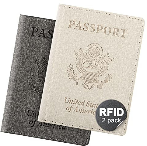 2 Pack Unisex Adult Faux Leather Passport Holder,Honeymoon Gifts,Travel Essentials-Rfid Blocking,White&Gray