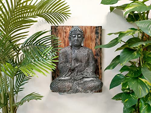 Metall Wandbild auf Holz Planken Buddha 52 x 68cm Wand-Deko Industrial Stil Vintage Skulptur