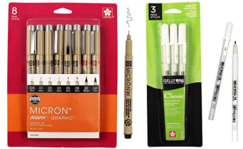 SAKURA Pigma Micron Fineliner & Gelly Roll Klassische weiße Stifte – zum Schreiben, Zeichnen oder Journaling – verschiedene Punktgrößen – 8 schwarze Mikron und 3 weiße Gelschreiber