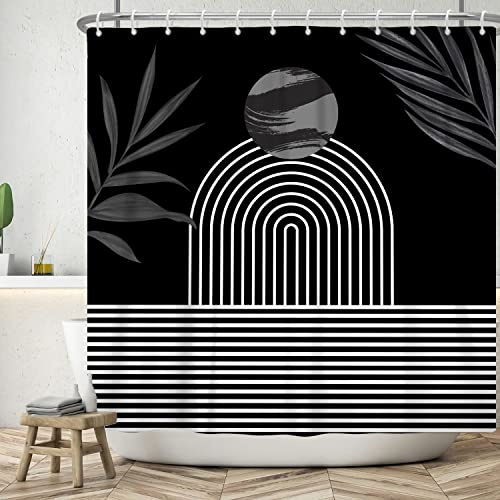 ASDCXZ Duschvorhang 180x200 cm Boho Style, Moderne Abstrakt Kunst Linien Sonne Blätter Schwarz Bad Waschbar Duschvorhang für Badewanne mit 12 Haken