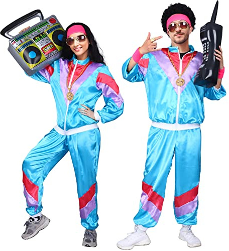 Kicpot 80s/90s Outfit for Men 80’s Tracksuit Costumes Women Mens 80s Costume Retro Shell Hip Hop Windbreaker Unisex (Blue,L)
