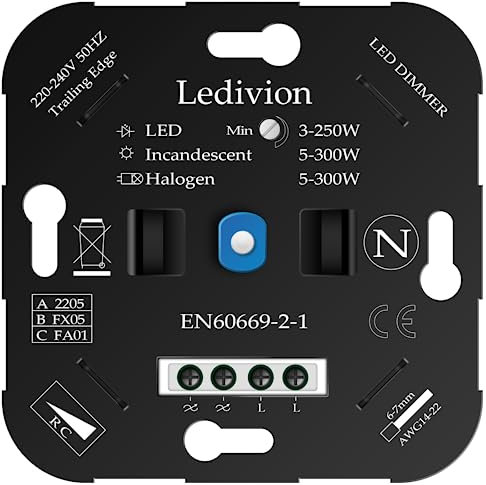 Ledivion LED Dimmer Schalter 230V, Unterputz LED Dimmer für LED Lampen 3-250W und Halogenlampen 5-300W, Phasenabschnitt Dimmschalter, Ohne Klemmkrallen, 1er Pack