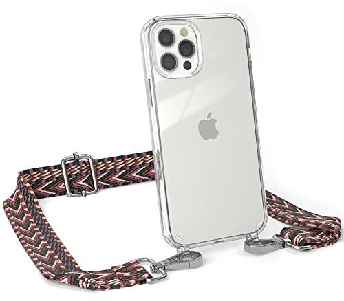 EAZY CASE Handykette - Verstellbares Taschenband kompatibel mit iPhone 12/12 Pro, Schulterriemen, Handykordel mit Silikon Hülle, Umhängetasche, Beere Pink Silber