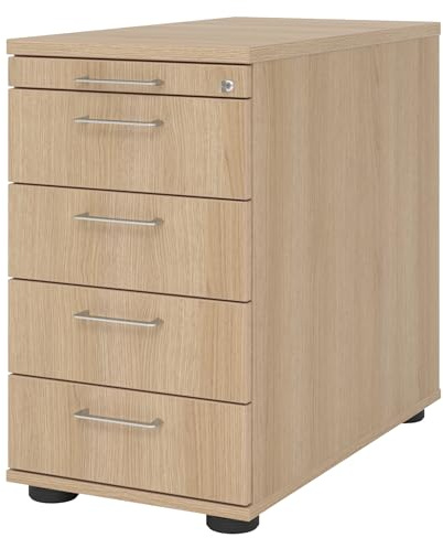 bümö Schreibtisch Schrank abschließbar, Schubladenschrank Holz in Eiche, Container mit Schubladen - Schubladen Schrank Büro, Schreibtisch Container od. Schreibtisch Kommode mit Bügelgriffe