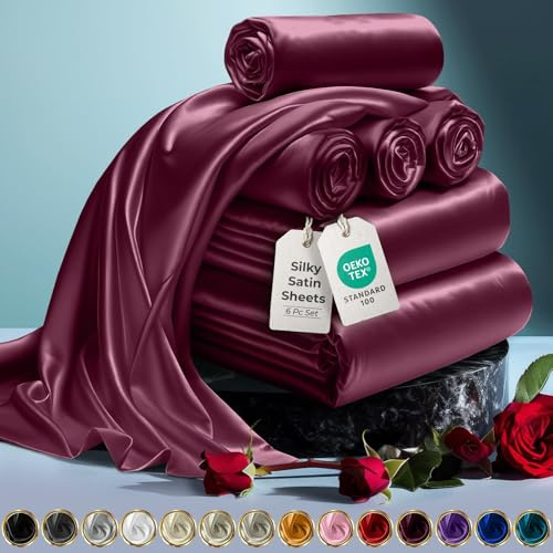 DECOLURE Satin Bed Sheets - 6 Piece Luxury Silky King Size Bedding Set - Softer Than Silk, Wrinkle-Free with 15” Deep Pocket Fitted Sheet, Perfect for Hair & Skin, Gifts for Women (Rosewood)