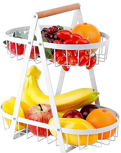 YAKLEE Frutero de 2Pisos Cesta Frutero Metalico Portátil de Cocina Modernos para Frutas y Verduras con Mango de Madera,Desmontable Canasta de Alambre Ovalada paraAlmacenamiento Bocadillos, Pan -Negro
