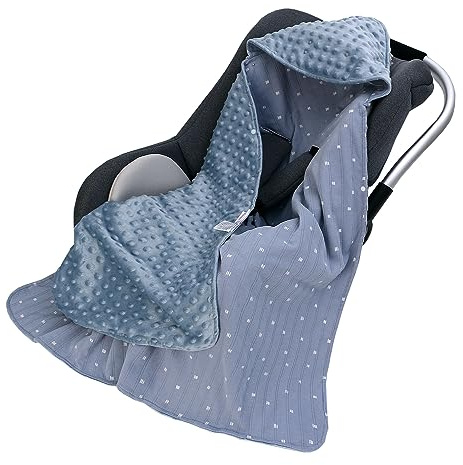 Coperta Avvolgente in 100% Cotone, 90*90cm Bifacciale Multifunzionale Copertina Accogliente con Cappuccio, Morbida Trapunta per Tutte le Stagioni, Adatto a Passeggino, Seggiolino, Unisex, Blu-grigio