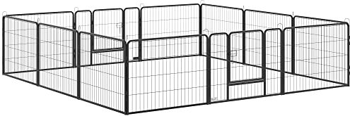 PawHut Welpenlaufstall 12-TLG Welpenauslauf mit 12 Gitterplatten 2 Tür flexibel Schutzplane 60cm hoch Hundelaufstall Laufstall für Haustiere Hund Katze Welpe Laufgitter für drinnen und draußen